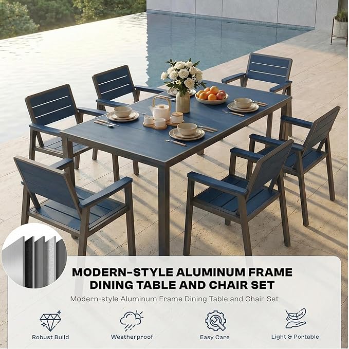 7 Piece Patio Dining Set for 6, Outdoor HDPE Table and Chairs with Umbrella Hole, All Weather Outdoor Furniture for Backyard, Deck, Lawn, Poolside, Blue