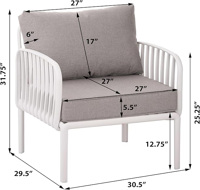 Christopher Knight Home Landon 5 Pieces Patio Conversation Set, 3 Seater Sofa with Coffee Table, Couch and Club Chair, Thick Cushion Armchair, Outdoor Conversation Set for Gathering, White+Light Gray