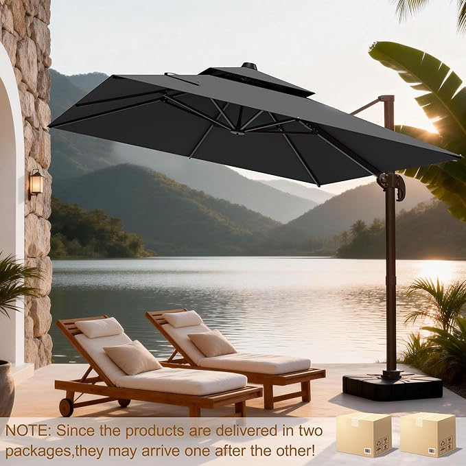 10x10Ft Patio Umbrella Outdoor Cantilever Rectangle Umbrella with Base Included, 6-Level Tilt & 360° Rotation Offset Umbrella for Garden, Deck, Pool(Grey)