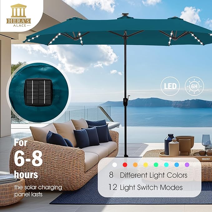 HERA'S PALACE 13ft Patio Umbrella with 120 LED Solar Lights Double Sided Outdoor Umbrella for Patio 8 Colors Changing Table Umbrella Outdoor Patio for Garden Pool