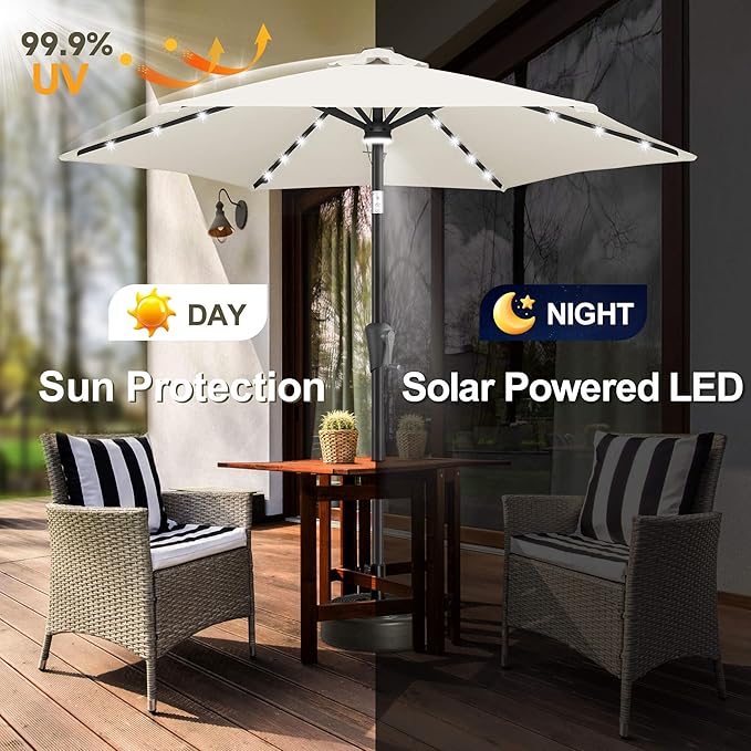 FLAME&SHADE 7.5 FT Solar Light Patio Umbrella, 24 LED Lights Outdoor Umbrella with Centre Surround Light, Table Umbrella Outdoor Patio for Deck, Pool, Backyard, Garden, UV Protection (Ivory)