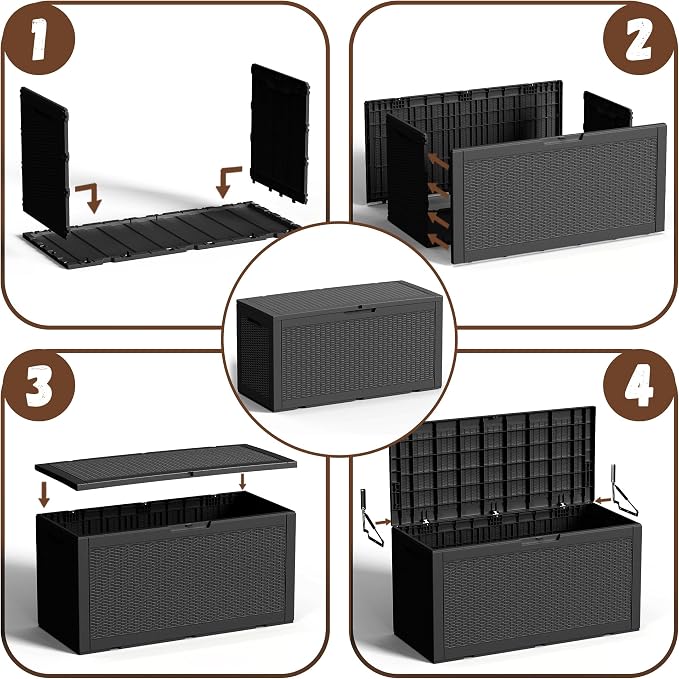 EFU Outdoor Storage Box 100 Gallon Deck Box Resin Outdoor Toy Storage With Lockable Lid, Hydraulic Struts, Rattan Style Package Delivery Boxes for Outside Patio Yard Garden (Black)