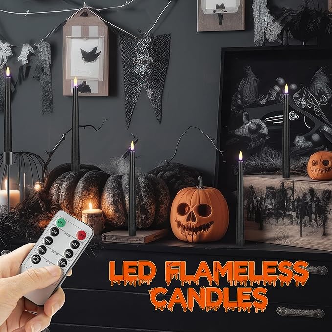 Black Flameless Taper Candles with Remote, Real Wax Halloween Candles, 9.6 Inch Battery Operated Led Candlesticks for Party Home Festival Decor, 3 Pack