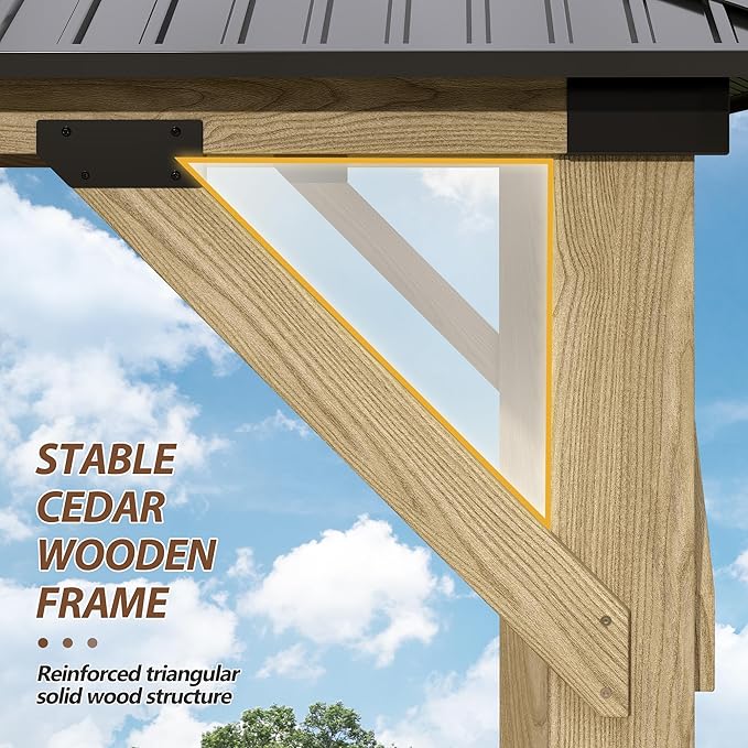 13x15 FT Wood Gazebo,Outdoor Wooden Hardtop Gazebo with Galvanized Steel Doule Roof,Cedar Wood Frame Gazebos Patio Backyard