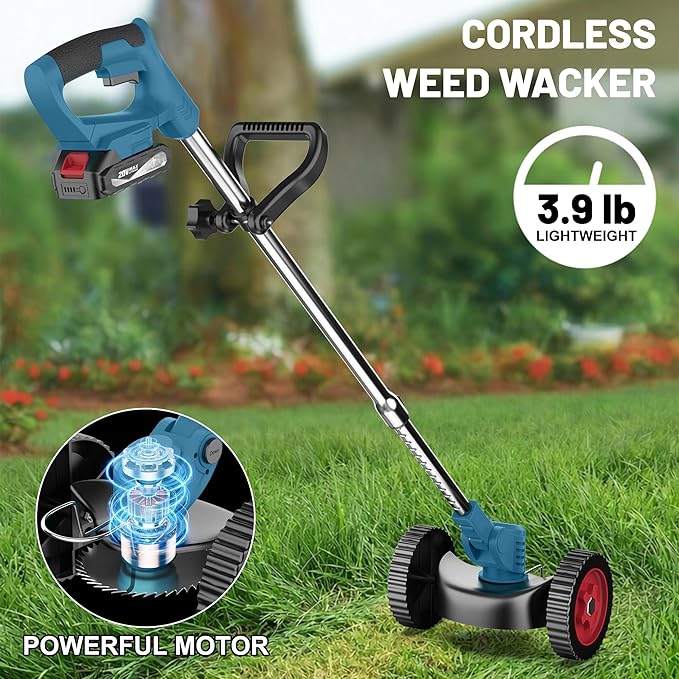 MGYM Cordless Weed Wacker, 20V Electric String Trimmer with 2x2.0Ah Batteries and Charger, Adjustable Pole Weed Wacker with Wheel for Lawn, Yard, Garden Grass Cutter(Blue)
