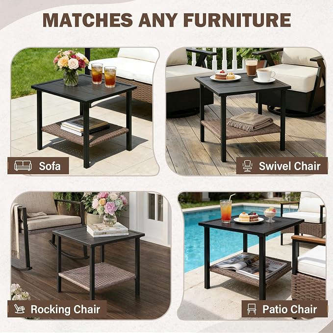 Sunset Escape Wicker Side Table, Rattan Outdoor End Table with Wood Grain Tabletop and 2-Tier Storage for Patio, Balcony and Garden, Black/Brown