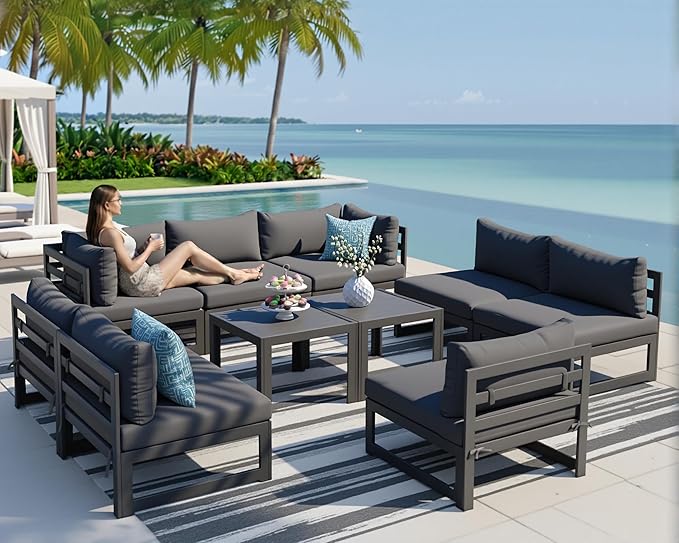 NICESOUL 8 Person Modern Aluminum Outdoor Patio Furniture Set, 29" Wide Deep Seating, All-Weather Anti-Rust L Shaped Modular Sectional Couch, Large Comfy Conversation Set for Backyard Lawn, Dark Gray