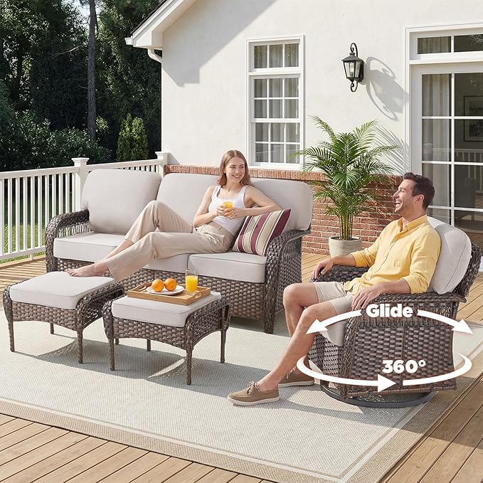 Belord Luxury Patio Furniture Set with 5-inch Thick Cushion, Outdoor Couch and High Back Swivel Rocker Patio Chairs, 6PCS Wicker Conversation Set for Deck Yard and Poolside,Beige