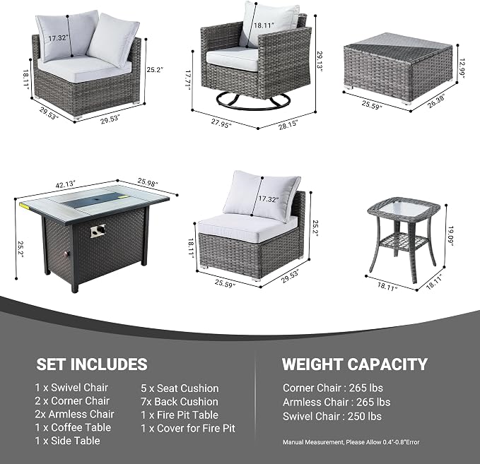 Weaxty 8 Piece Outdoor Sectional with Fire Pit Table, All Weather Wicker Patio Furniture Set with Swivel Rocker Chair Coffee Table, Thick Cushion Couch Conversation Sets for Garden Deck Backyard Gray