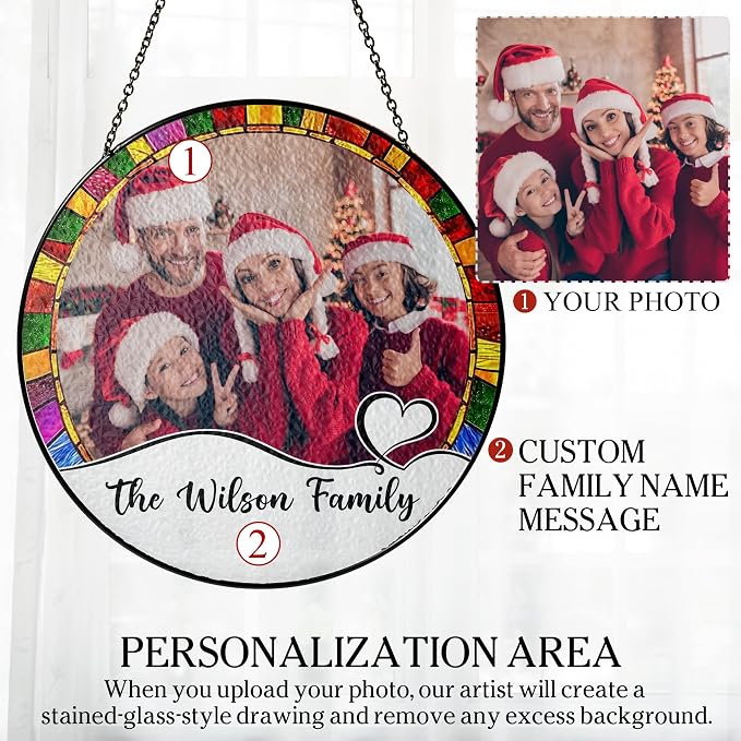 Personalized Stained Glass Christmas Suncatcher – Custom Family Photo Window Decor – First from Mom and Dad – Merry Christmas Family Ornament Keepsake