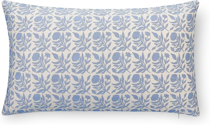 California Casual Coastal Indoor Outdoor Lumbar Pillow Cover, 12"x20" Water Repellent for Patio, Backyard, Couch, Poolside, Light Blue Print Floral and Leaves Geometric