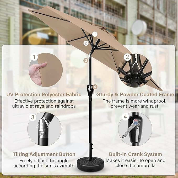 Simple Deluxe 7.5ft Patio Umbrella Outdoor Table Market Yard Umbrella with Push Button Tilt/Crank, 6 Sturdy Ribs for Garden, Deck, Backyard, Pool, Tan