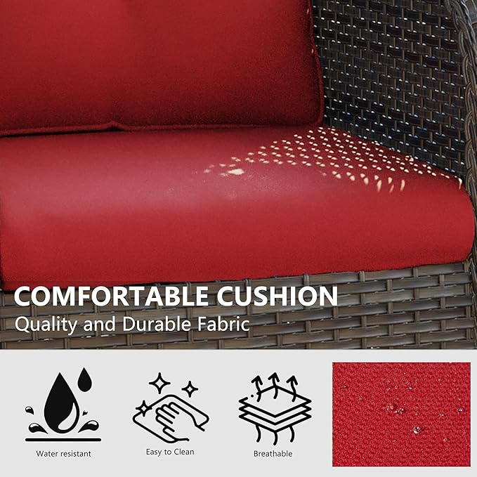 Outdoor 360 Degree Swivel Rocker Patio Chairs Sets of 2 and Matching Side Table - 3 Piece Patio Wicker Glider Chairs with Olefin Cushions(Mixed Grey/Red)
