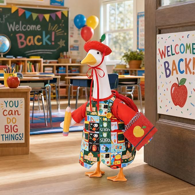 Back to School Porch Goose Outfit with Schoolbag for School Outdoor Decor | Fits 23'' Goose Statues, with Apple Hat, School Bag, Pencil, and Notebook, for Classroom Garden Yard Lawn Patio Decoration