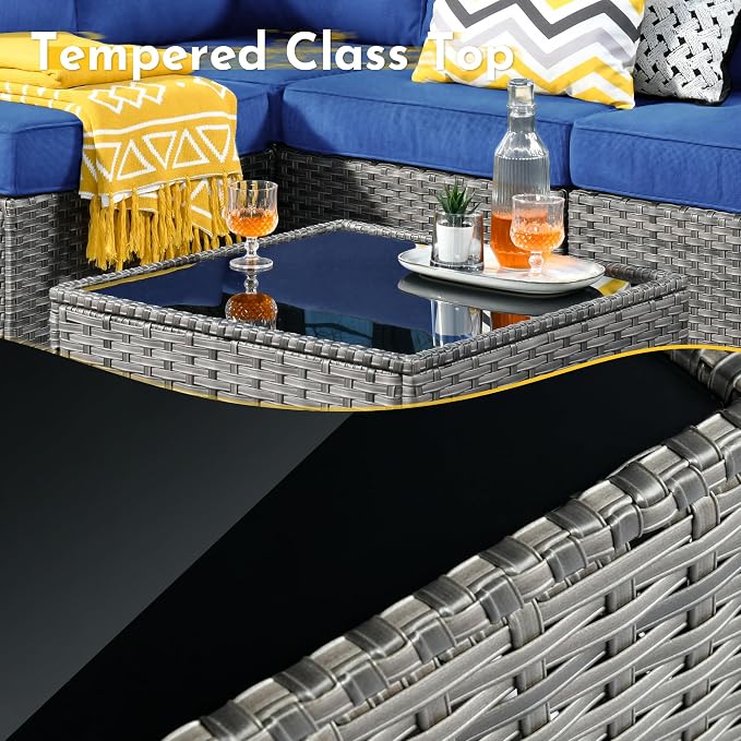 Weaxty 7 Pieces Outdoor Patio Furniture Set,Wicker Sectional Sofa Couch with Thicken Cushion and Glass Coffee Table,All Weather Rattan Patio Conversation Sets for Porch,Poolside,Backyard,Beige
