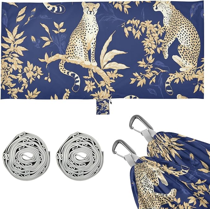 Blue and Gold Leopard Leaves 330lb Capacity Hammocks with Hanging Rope Fabric Hammock for Patio Backyard Lounge Base hamacas para adultos con soporte