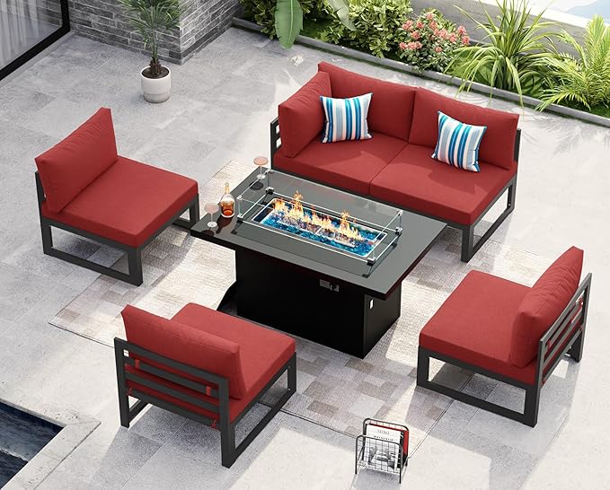 NICESOUL 6 Piece Modern Luxury Oversized Aluminum Outdoor Patio Furniture Set with Fire Pit Table, 29" Deep Wide Conversation Seating with Firepit, 500 lbs Heavy Duty L-Shaped Sectional Couch, Wine