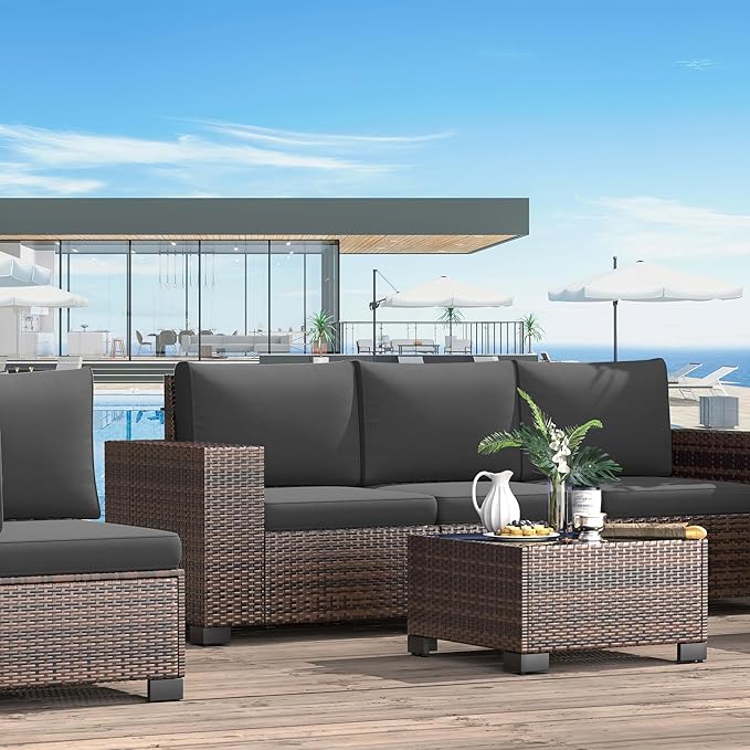 Patio Furniture Set, 12 Pieces Outdoor Sectional Sofa Conversation Sets with Waterproof Cover Modern Wicker Seating Set, 4'' Thickened Cushions & 2 Glass Coffee Table, Grey
