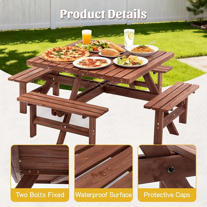 Wood Picnic Table Bench Set for 4-8 Person, Square Picnic Tables for Outdoor with Umbrella Hole and Benches, Outside Dining Table Patio Furniture Set for Garden, Backyard, Porch and Deck