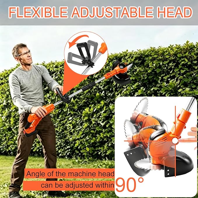 Cordles Weed Wacker, 21V Electric Weed Eater Battery Powered, No String Trimmer with Wheels & Metal Blades, Lightweight Grass Trimmer/Lawn Edger/Brush Cutter, Stringless Weed Trimmer for Yard Garden