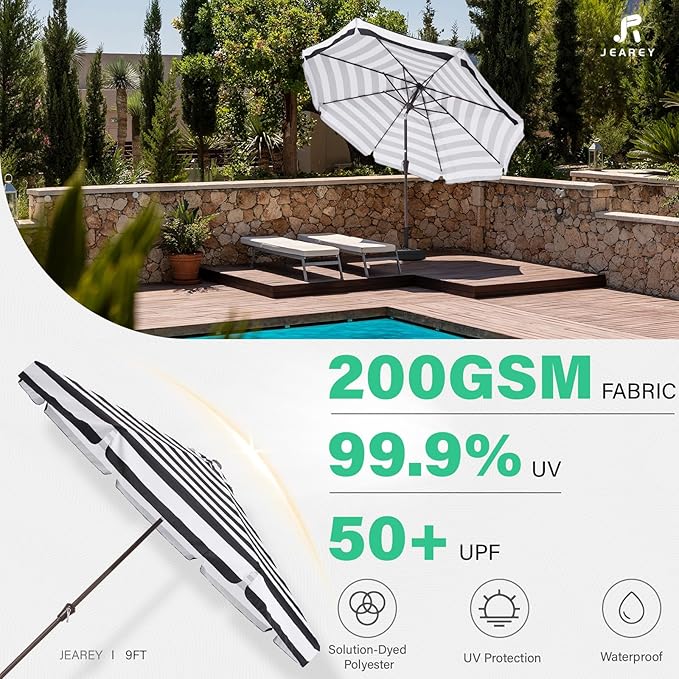 JEAREY 9 FT Patio Umbrella Outdoor, Table Umbrellas Market Umbrella w/Push Button Tilt/Crank, 8 Sturdy Ribs(Black White Striped)