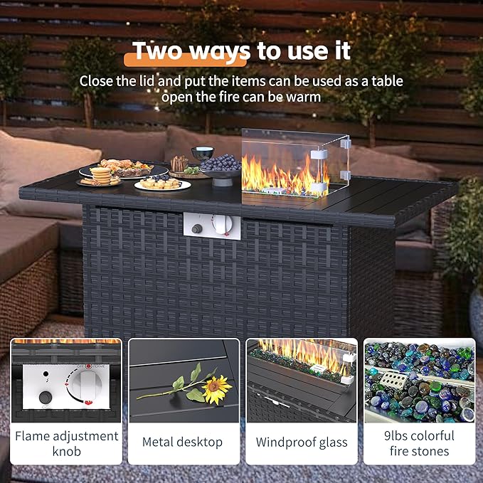 UDPATIO Patio Furniture Set with Fire Pit Table, Outdoor Wicker Conversation Set with 8'' Wide Armrests, Patio Sectional Sofa Set for Backyard, Deck, Black Cushions