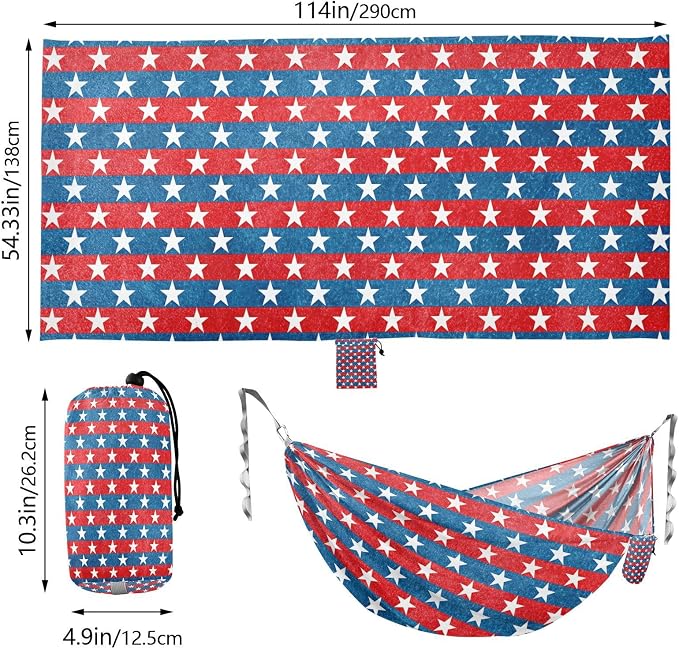 Patriotic Stars Camping Hammock, Portable Lightweight Single Hammock with Tree Straps and Aluminum Carabiners, 114" x 54" Travel Hammock for Hiking Backpacking Beach