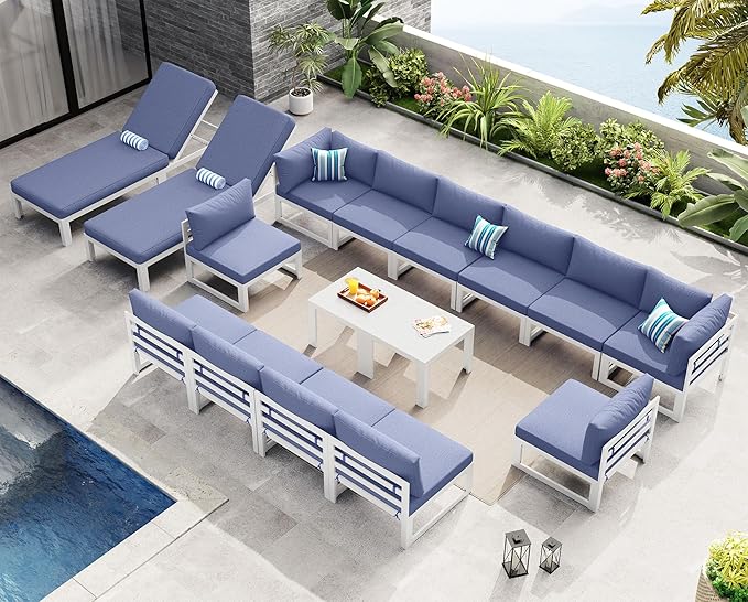 NICESOUL 16 Piece XL Aluminum Patio Sectional Furniture Set with Chaise, 500 lbs Heavy Duty Anti-Rust Outdoor Couch, 29" Extra Deep Wide Seating, High End Conversation Sofa for Poolside, Denim Blue