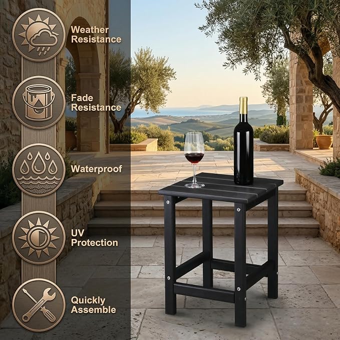 HDPE Outdoor Side Table, 14 Inch Square Patio End Table, Weather Resistant Small Outdoor Table for Adirondack Chairs, Waterproof Outside Table for Porch, Garden, Deck, Pool, Black