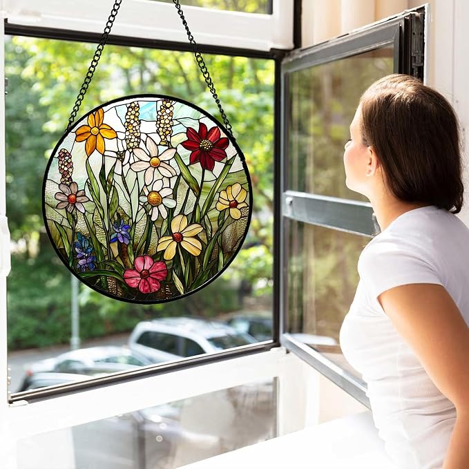 DASTOLL Stained Glass Window Hanging, Colorful Wildflowers Plant Scenery Suncatcher for Doors Window Home White Green Sun Catchers Decor Mother's Day Birthday Gifts for Women, Men Mom 9.8 in