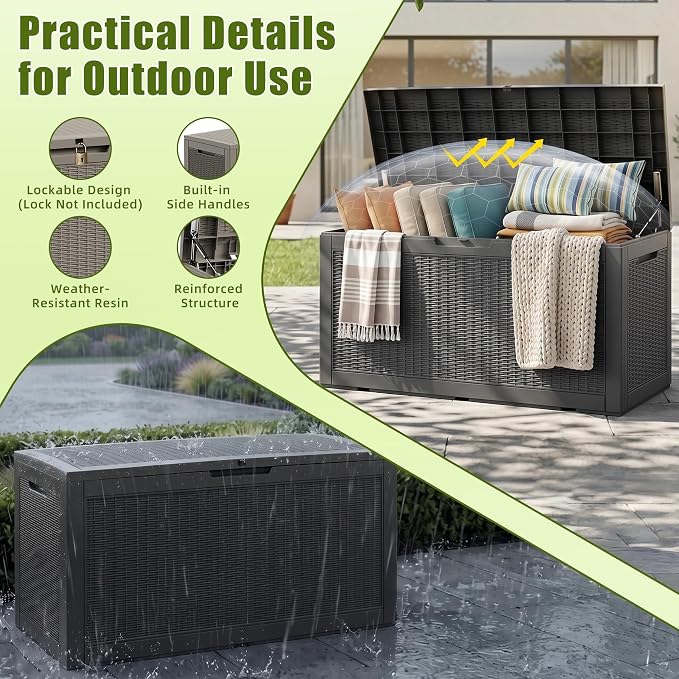 Vixzen 120 Gallon Deck Boxes Outdoor Waterproof, Large Resin Lockable Storage Box with lid for Patio Furniture Cushions, Weatherproof Outdoor Storage Boxes for Garden Tools & Pool Accessories(Black)