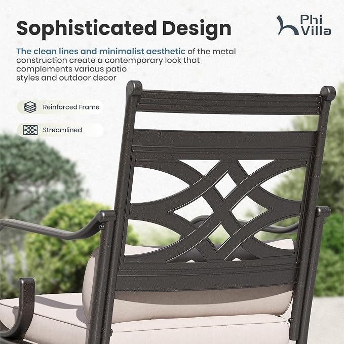 PHI VILLA 9 Piece, Outdoor Dining Set, 57.5" Square Table, Black | Wrought Iron, Swivel Chairs, Cushions, Weather-Resistant