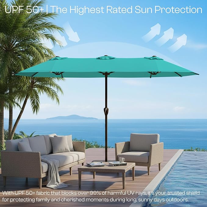 15FT Large Patio Umbrella with Base, Double Sided Rectangular Outdoor Umbrella with Sturdy Fiberglass Ribs, UPF 50+ Sun Protection, Wind-Resistant, Waterproof Fade-Resistant Fabric for Pool, Garden, Backyard, Deck(Peacock Blue)