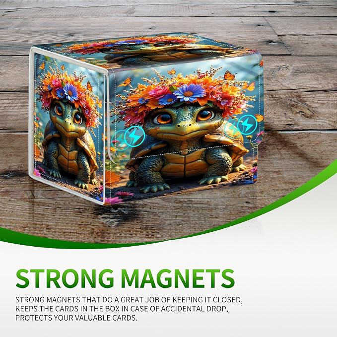 Card Deck Box for MTG, Cards Storage Box Fits 120+ Sleeved, Leather Small Size Strong Magnetic Closing Card Case for Board Games Magic TCG CCG Baseball Collection, Forest Turtle