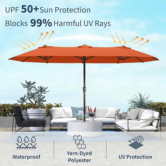 15FT Double Sided Patio Umbrella with Base Included Large Outdoor Market Umbrella with Crank Handle, UV Resistant Canopy, Sturdy Frame for Garden, Poolside, Deck, Terracotta