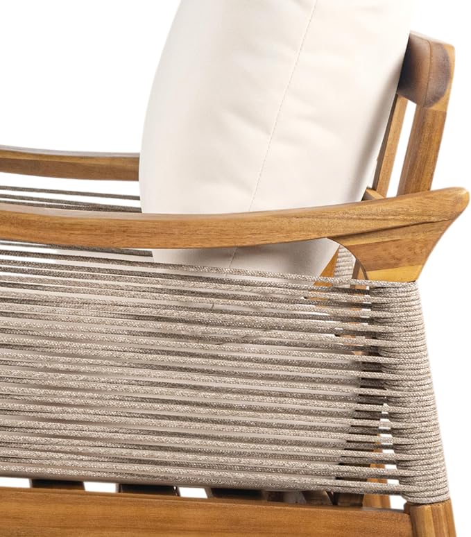 Merax 2-Piece Acacia Wood Patio Loveseat Set with Coffee Table | Teak-Finish Acacia Frame, Beige Woven Rope, 6-Inch Cushions And Arc Coffee Table For Porch, Garden, Backyard Or Balcony