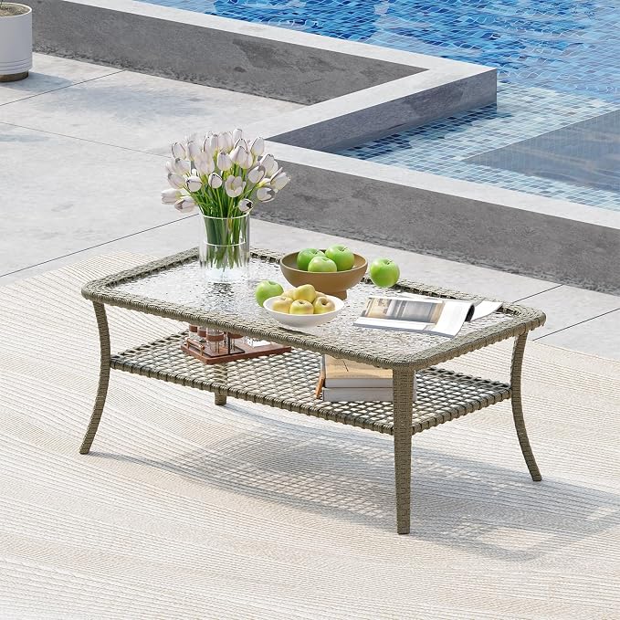 Aoxun Outdoor Coffee Table with Storage Wicker Patio Coffee Table, All-Weather Tempered Glass Top Coffee Table for Patio Furniture Set for Balcony, Garden, Deck, Backyard, Black