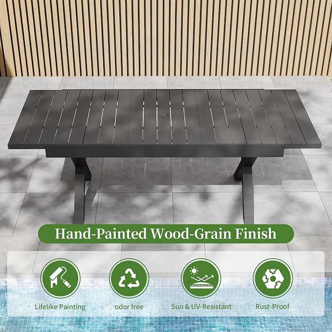 Outdoor Dining Set, 9 Piece Expandable Patio Dining Table and Textilene Chairs Set, Aluminum Patio Furniture Set for Table with Umbrella Hole and 8 Chairs for Patio, Garden, Lawn(Black)