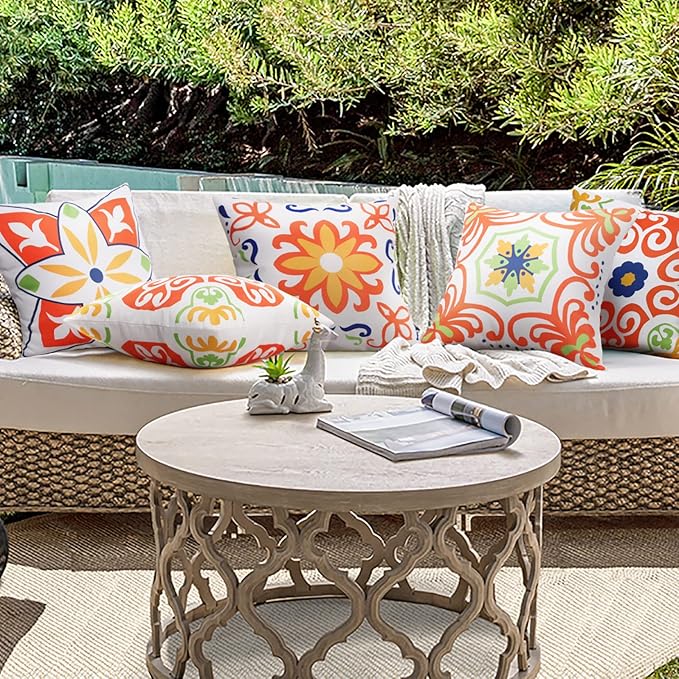 Pyonic Outdoor Waterproof Throw Pillow Covers for Patio Furniture Decorative Boho Pillow Covers 18x18 Floral Printed for Patio Tent Couch Garden Set of 4,Orange