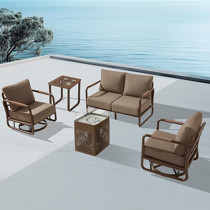 MBY Outdoor Aluminum Patio Furniture Set, 4-Seats Patio Conversation Sofa Set with 2 Swivel Rocking Chairs and 45,000 BTU Fire Pit Table w/Glass Wind Guard, All Weather for Pool, Garden-Brown
