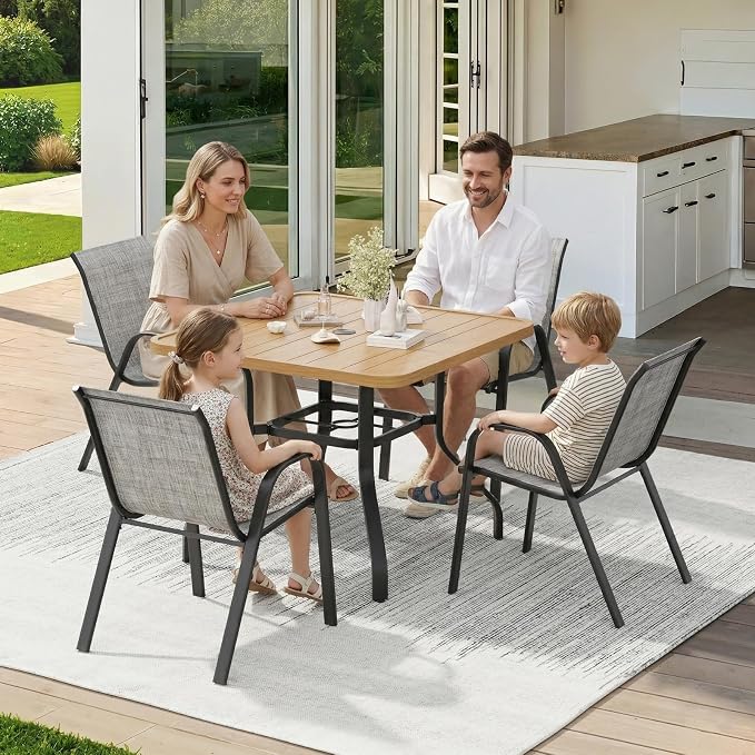 Soohow Outdoor Dining Set for 4, Outdoor Patio Dining Set 4 x Stackable Chairs & 1 x Wood-Like Outdoor Table with Umbrella Hole, All-Weather Patio Table and Chairs for Poolside, Backyard and Porch