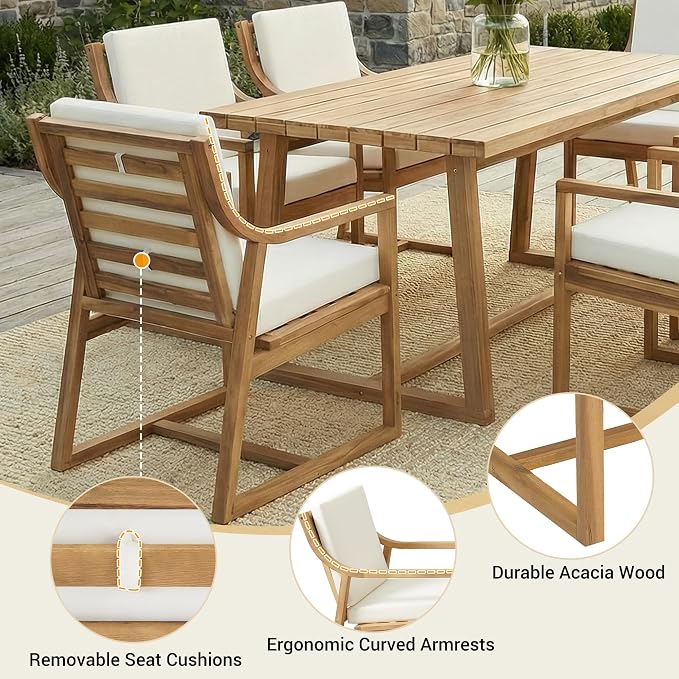Merax 7-Piece Patio Dining Set, Acacia Wood Rectangular Dining Table and Chairs Set with Cushions, Outdoor Furniture Set for Backyard, Garden, Poolside,Light Teak