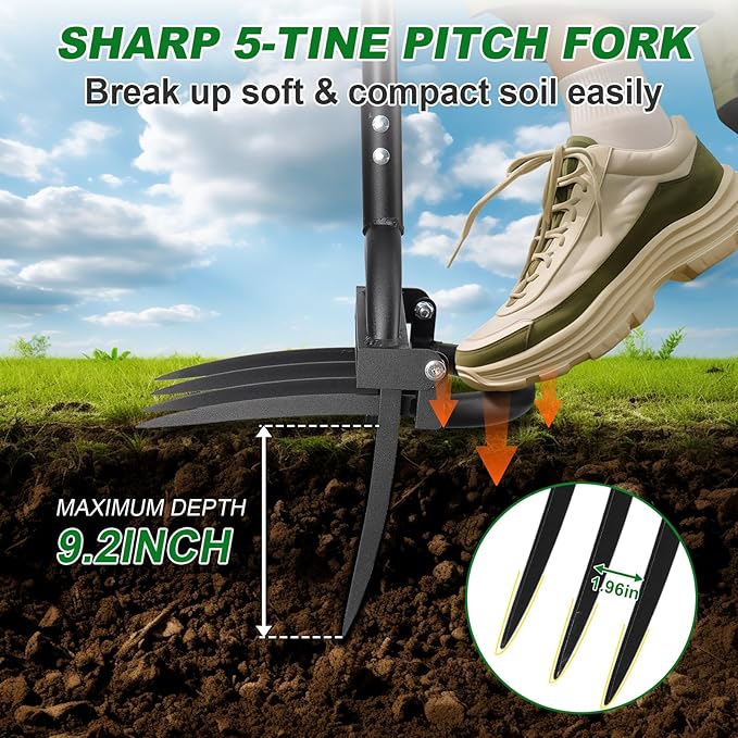 Broad Fork Garden Tool, 63” Heavy Duty Broadfork Hand Tiller with Double 5+4 Sharp Tines, Garden Pitchfork with Ergonomic D-Shaped Handle, Spading Digging Fork for Compost Soil Cultivating Loosening