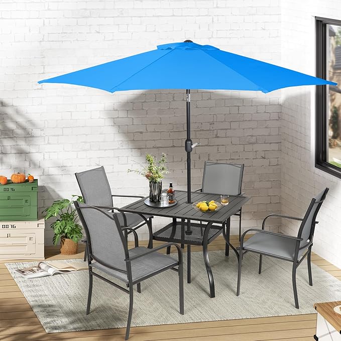 Crownland 5 Piece Patio Dining Set, Textilene Dining Sets, 4 Textilene Metal Chairs and Square Outdoor Dining Table with Sky Blue 9FT Round Outdoor Umbrella (Grey)