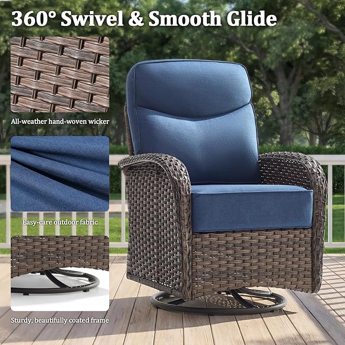 Outdoor Swivel Rocking Chair Patio Set (5-Piece), High-Back - Thick Cushion Swivel Rocking Chair Patio Set, All-Weather Wicker Patio Furniture Set, Suitable for Balcony Patios, Brown/Blue