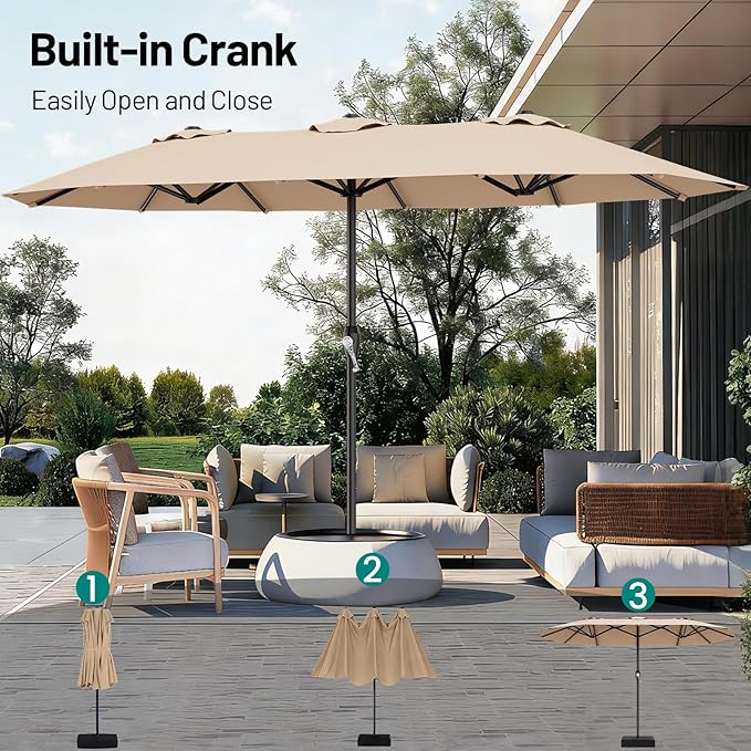 AreShark 15FT Outdoor Patio Umbrella with Crank, Large Rectangular Market Umbrella, Double-Sided Outdoor Umbrellas with Cross Base & Sandbag for Porch, Lawn, Pool, Backyard, Beige