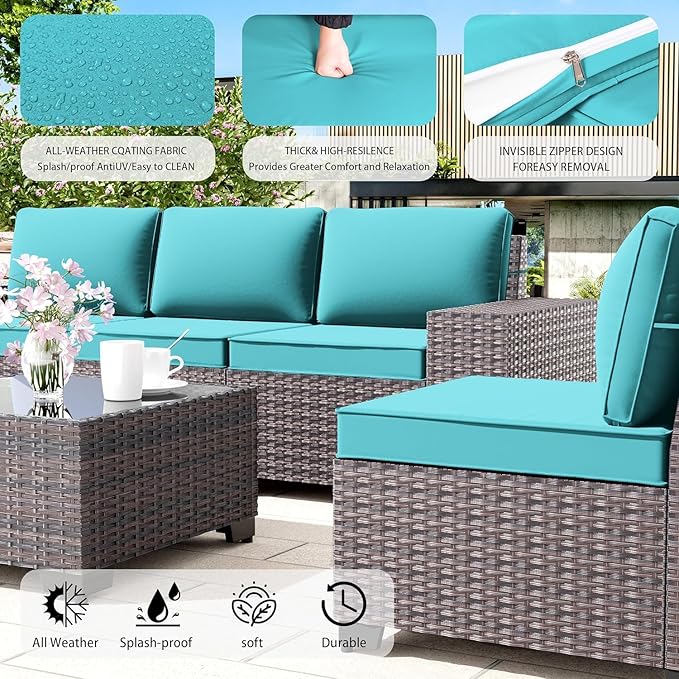 6 PCS Outdoor Patio Furniture Set,Outdoor Sectional Furniture All Weather PE Rattan Wicker Patio Conversation Set with Coffee Table and 5 Thickened Cushions,Turquoise Blue