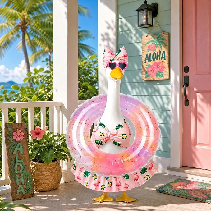 Hawaiian Porch Goose Outfits Summer, Flamingo Bikini Goose Outfit | Goose Costume with Sunglasses & Swim Ring Fits 17 23 Inch Cement Yard Plastic Statues, Outdoor Garden Patio Decor