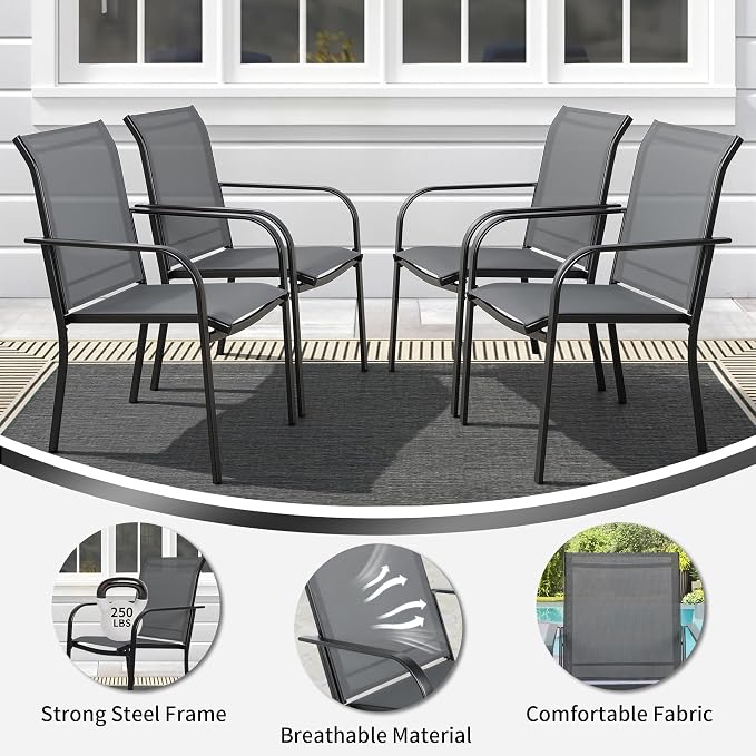 SUNCROWN 8 - Piece Outdoor Dining Set, Patio Furniture Set with 6 Textilene Dinning Chairs, 1 Rectangle Metal Table and 1 Sky Blue 9Ft Patio Umbrella for Lawn Garden Backyard Deck, Grey