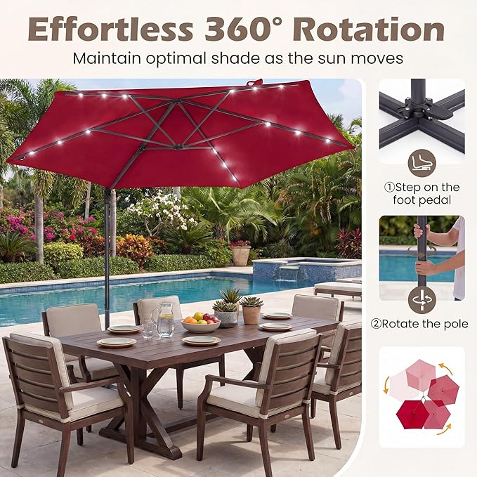 HAPPYGRILL 10 FT Patio Umbrella with Solar Lights, Outdoor Offset Cantilever Umbrella with White LED Lights, 360 Degree Rotation, Air Vent for Pool Deck Garden Backyard